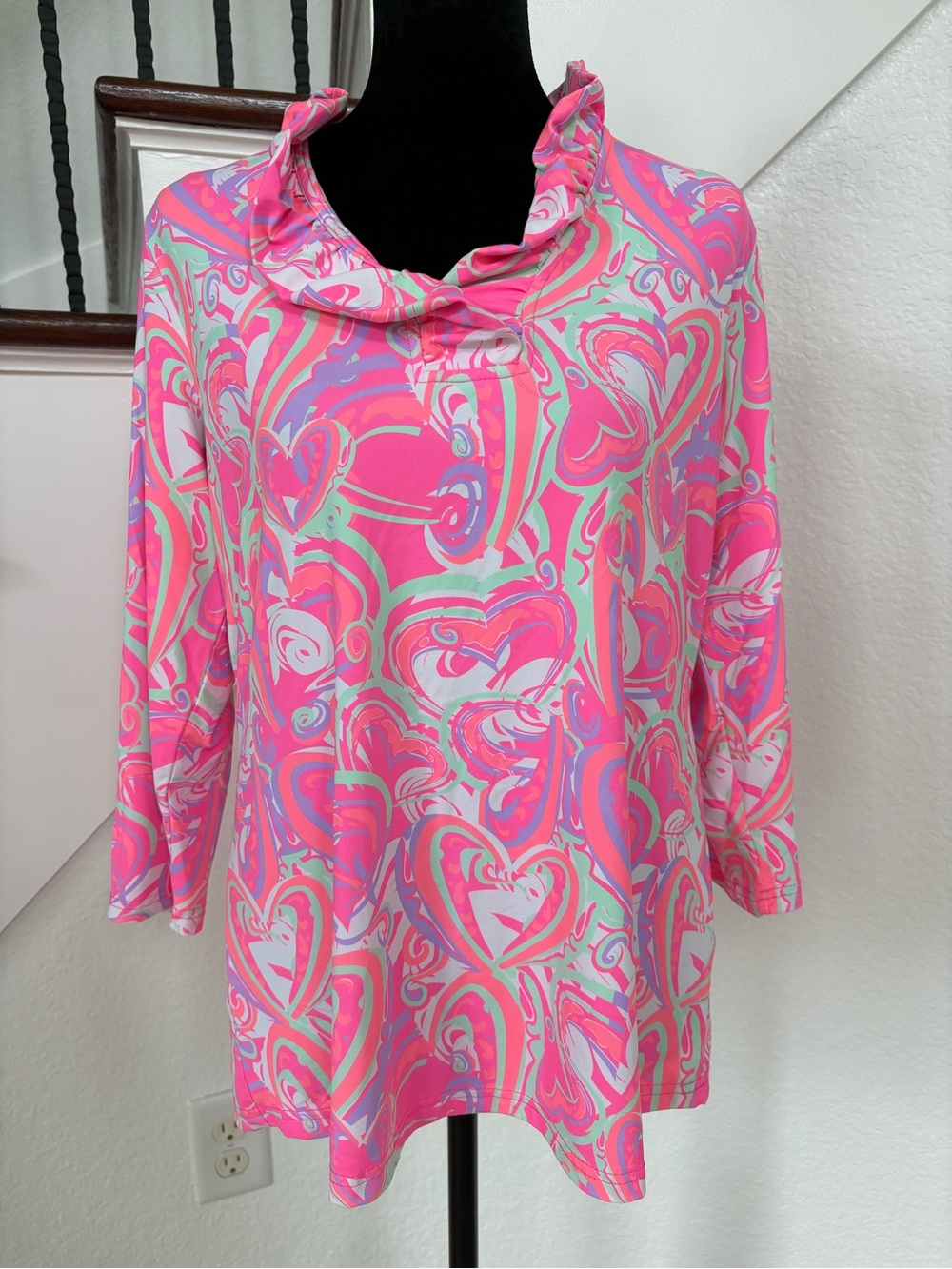 Lilly Pulitzer Hot Pink Mint Heart-Print Ruffle Collar Tunic